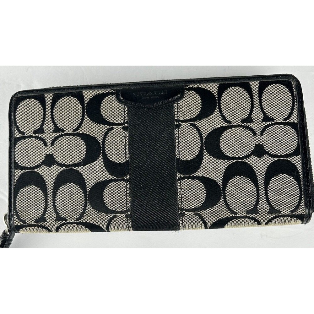 Coach Signature Stripe  “C” Logo Zip Around Wallet Accordion Style Black Khaki